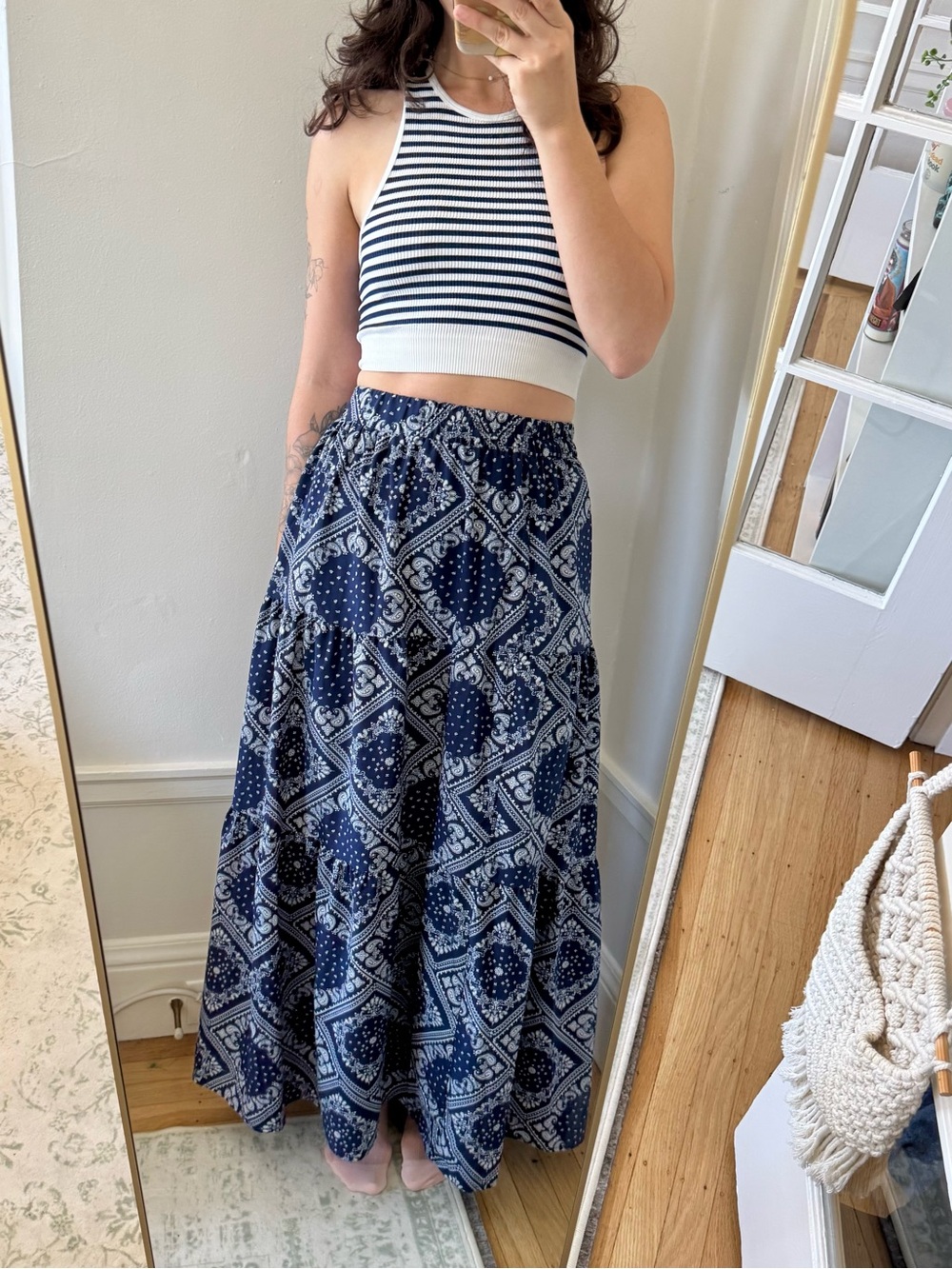 Boho Navy Bandana-Print Tiered Maxi Skirt (14” waistband / 28” waist)